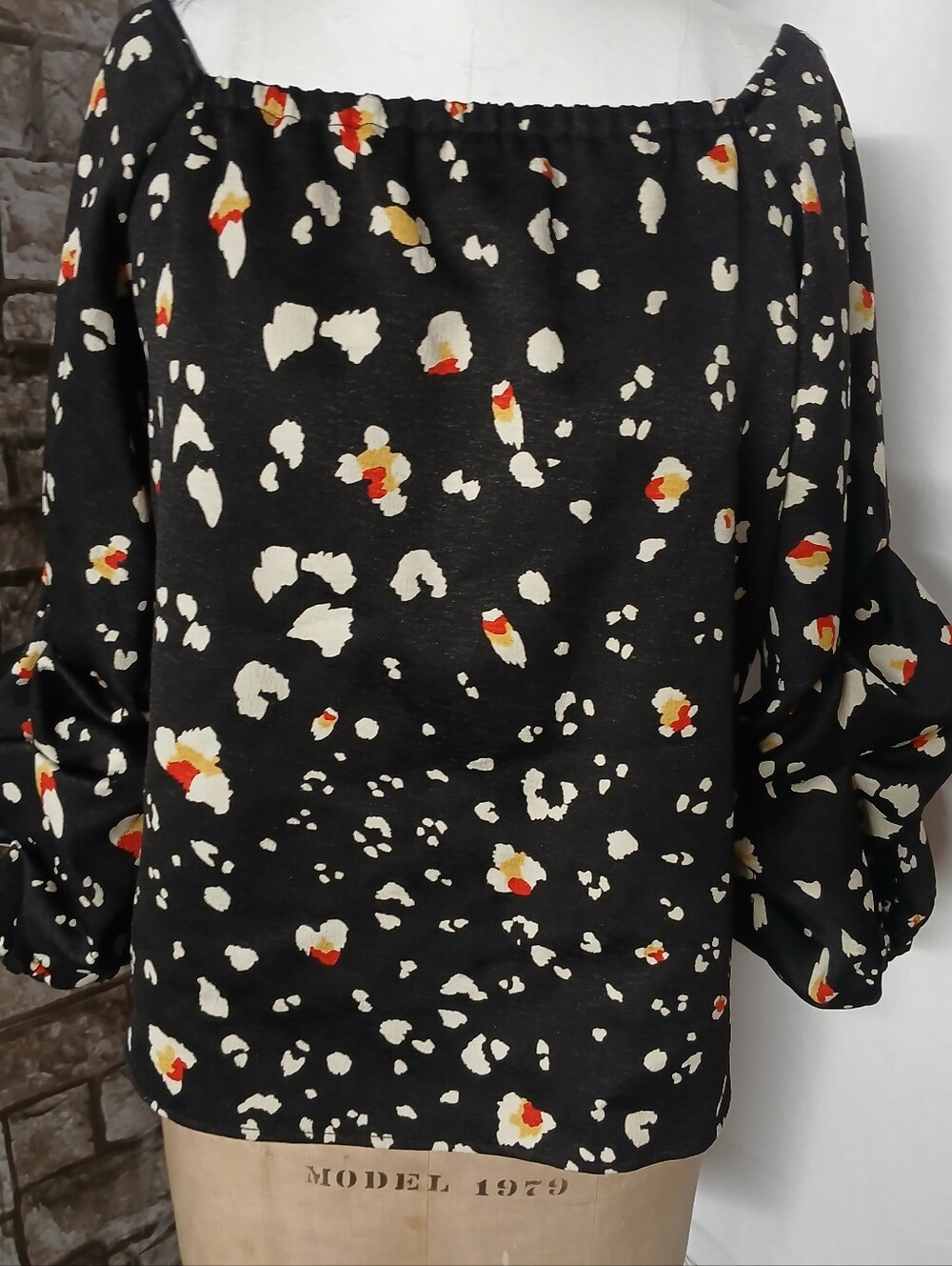 Halogen Black Off-Shoulder Blouse with Cream and Red Accent Print